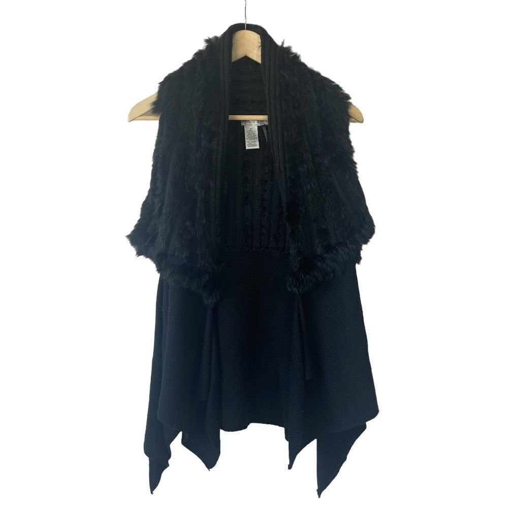 Alberto Makali Black Rabbit Fur Trim Handkerchief‎ Hem Sleeveless Sweater  Sz M